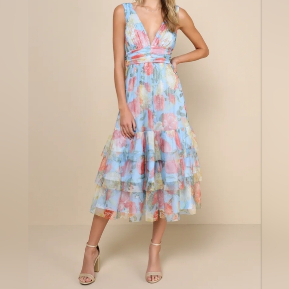Lulu's Blue Floral Print Tiered Ruffled Midi Dress Size Xlarge - Picture 1 of 7